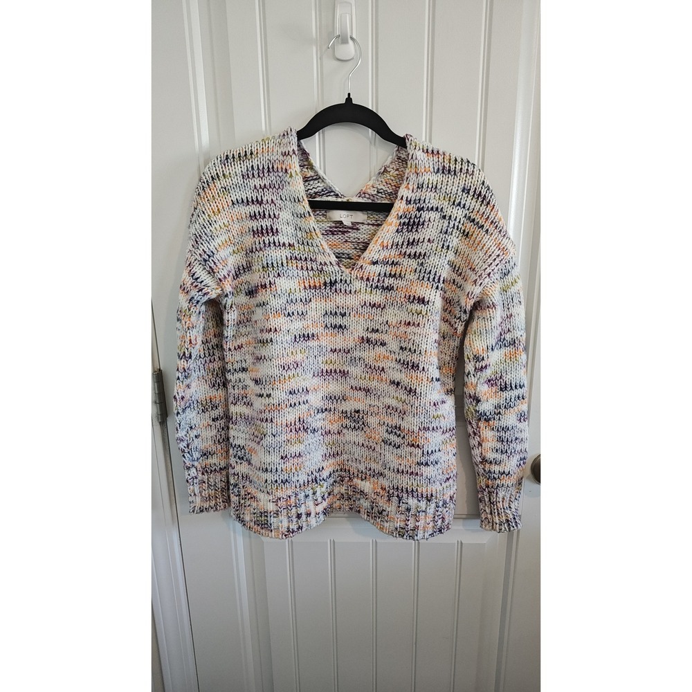 Women Size S Loft Boho Multi-Color Space Dye V-Neck Knit Sweater Excellent